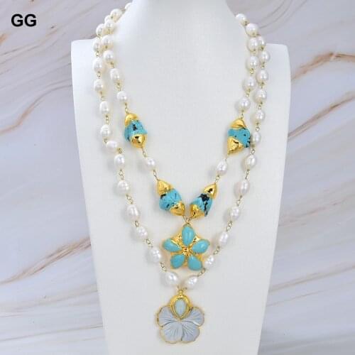 GuaiGuai Jewelry Cultured White Rice Pearl Blue Turquoise Necklace Shell Flower Pendant 19"