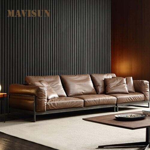 Italian Minimalist Leather Loveseat Couch For Living Room Modern Brown Sofa With Wooden Frame Down Latex Sofa 190cm Furniture