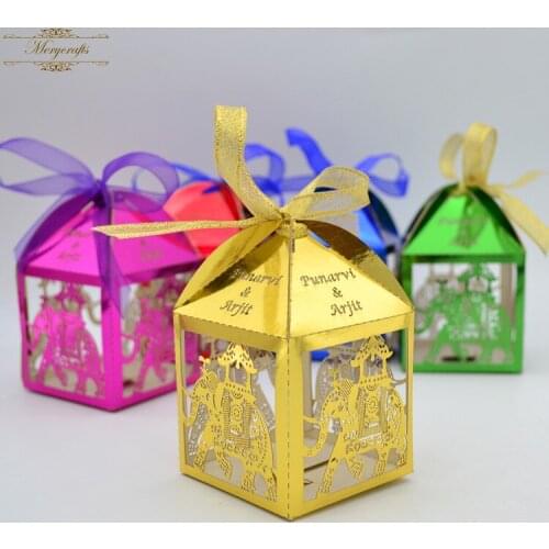 Classical elephant carved pattern custom laser cut favor box candy box for festival events with free ribbons