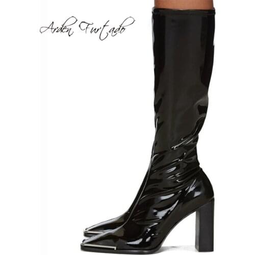 Arden Furtado Fashion Womens Shoes Winter Sexy Elegant Ladies Boots pure color chunky heels knee high Boots shiny Leather
