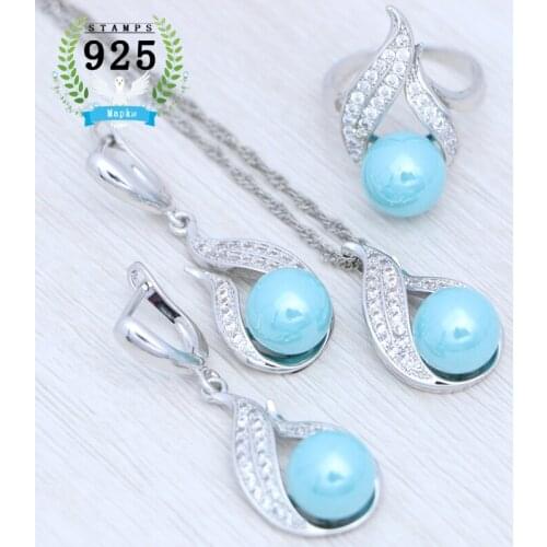 925 Sterling Silver Jewelry Set Pearl Earrings Bridal Jewelry Classic Pearl Earrings Pendant Chain Ring with Sparkling Crystals