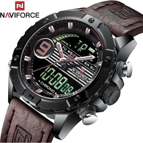 NAVIFORCE 9146 Fashion Red Men Sport Watches Mens LED Analog Digital Watch Army Military Leather Quartz Watch Relogio Masculino