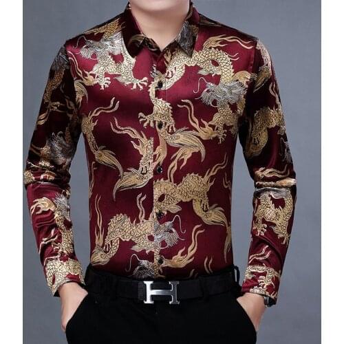 New 2020 Man Velvet Dresses Autumn China Dragon Patterns Pleuche Shirts Long Sleeve Soft Clothes for Male