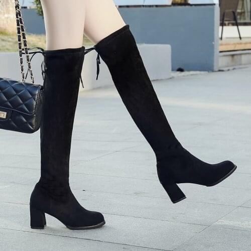 2020 new womens Over-the-Knee stovepipe high-heeled boots velvet warm soft stretch winter size 44 women shoes Flock boots women