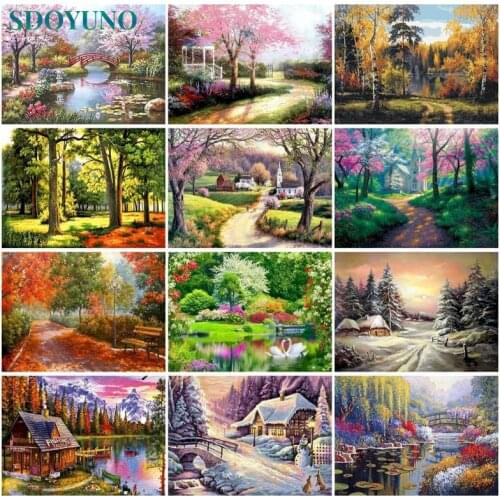 SDOYUNO 60x75cm DIY Oil Painting By Numbers Kits Four Seasons Scenery Paint By Numbers On Canvas Landscape Frame Handpaint Decor