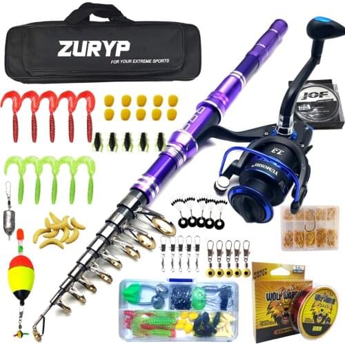 2021 new model carbon telescopic fishing rod combo purple travel fishing set spinning reel carp pike full kits boat rock pole