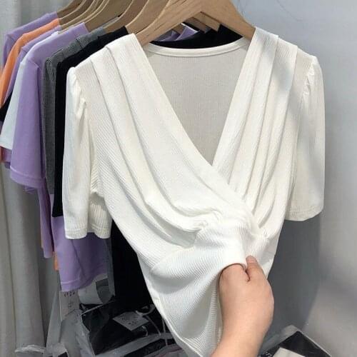 Slim White Knitted Women T-Shirts Summer New 2021 V-Neck Pleated Slim Short Empired Female Pulls Outwear Tops Tees
