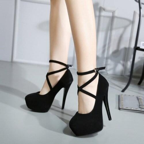 Womens 14CM Round Toe Cross Ankle Strap Platform Pump High Heel Pumps Heels Party Wedding Dress Shoes