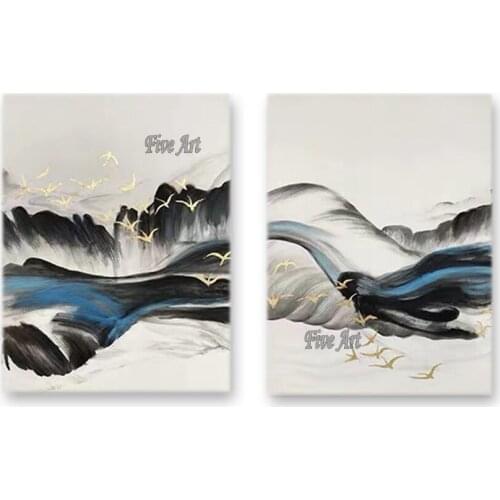 Home Decoration Pieces Hot Selling 2PCS Group Abstract Chinese Style Landscape Oil Painting Hand Painted Picture Wall Decor Art