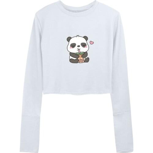 Women Kawaii Panda T Shirt Cotton Female Stripe Pants Sets Harajuku Crop Top Long Sleeve Fashion All-match High Waist Sweatpants