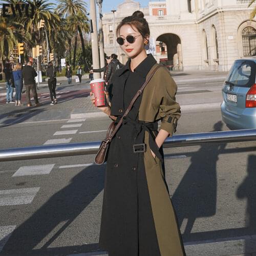 [EWQ] Korea Chic Green Trench Coat Womens Autumn 2021 New Laple Loose Lace Up Waist Double Breasted Long Sleeve Windbreaker