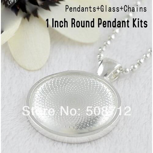 30set 25mm Silver plated Blank Photo Pendant Kits - Pendant Trays with Glass Cabochons and Link or Ball Chains Choice of Colors