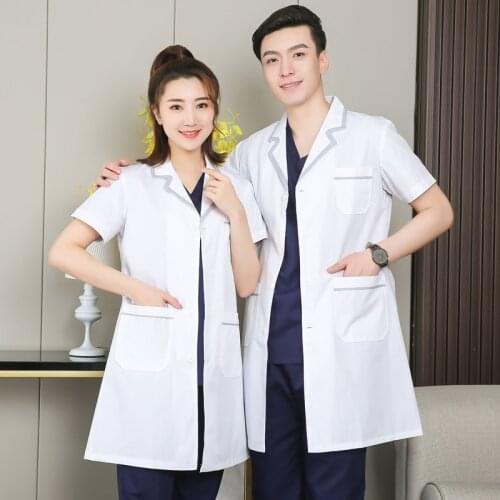 Unisex short Sleeve White Lab Coat Men Women Lapel Collar Button Down Medical Doctor Blouse with Pockets Doctor Nurse Uniform