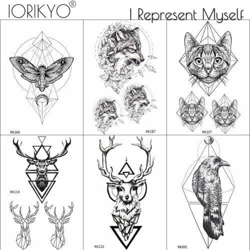 Black Fake Wolf Tattoo Temporary Geometric Women Body Art Painting Moth Tatoo Bird Arm Men Moose Deer Waterproof Tattoo Sticker