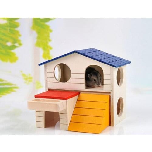 Hamster hideout wooden hut double layer villa rat room house cage exercise toy with ladder Board small guinea pig accessories