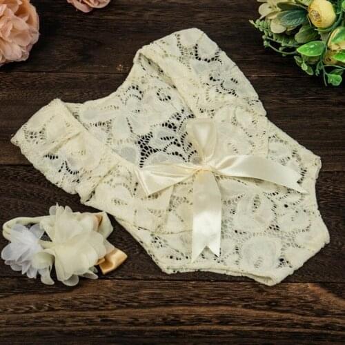 Baby Bow Lace Romper Headband Set Newborn Photography Props Bodysuit Jumpsuit with Flower Hair Band Infants Fotografie