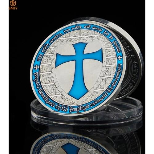Ancient Blue Crusader Knight Templar Shield Paladin Silver Plated Badge Commemorative Coin Collection And Faith Souvenir