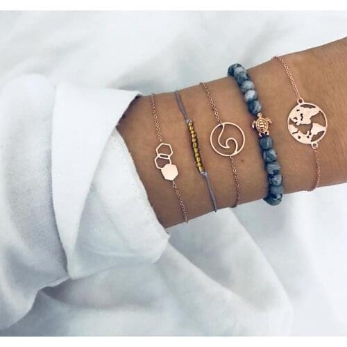 5 Pcs/ Set Punk Hollow Map Turtle Wave Beads Geometric Chain Leather Multilayer Cuff Bracelet Set Women Gold Fashion Jewelry