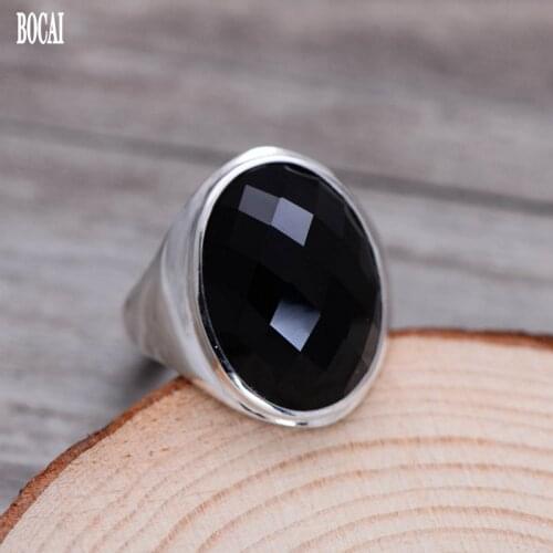 BOCAI New 100% real 925 sterling silver jewelry vintage Thai silver black agate cut female ring s925 silver mans rings