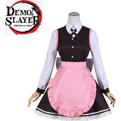 New 2020 Kimetsu no Yaiba/Demon Slayer maid cafe Kamado Nezuko cosplay Lolita Dress Cosplay Costume Women Wig plus bamboo tube