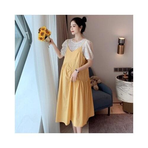 New summer two-piece maternity dress Korean version of the large size solid color mid-length maternity dress