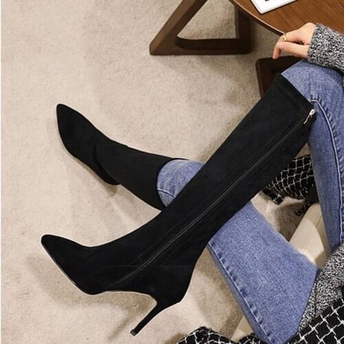 Slim Stretch Womens High Boots Zipper Flock Knee High Boots Women Shoes Beige Black Pointed Toe Party Long Boots Lady Big Size
