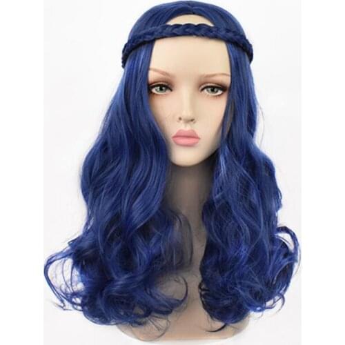 Anime Women Party Wigs Descendants 2 Evie Blue Long Wavy Curly Wig With Braid Cosplay Costume Heat Resistant Synthetic Hair
