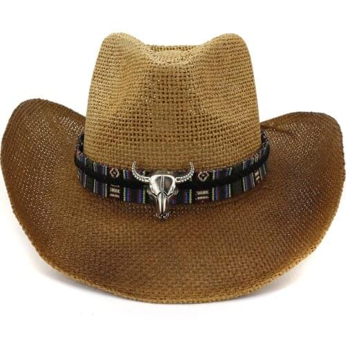 QBHAT Brown Spray Paint Large Brim Paper Cowboy Straw Hat Outdoor Unisex Men Women Sun Protection Hat Beach Panama Sun Cap