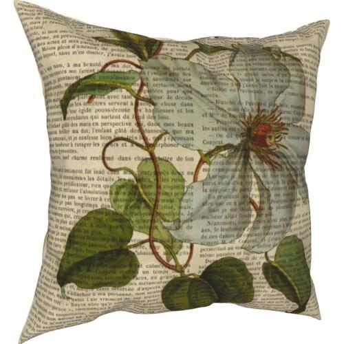 Botanical Print On Old Book Page Flower Pillowcase Printed Polyester Cushion Cover Decor Throw Pillow Case Cover Home 45*45cm