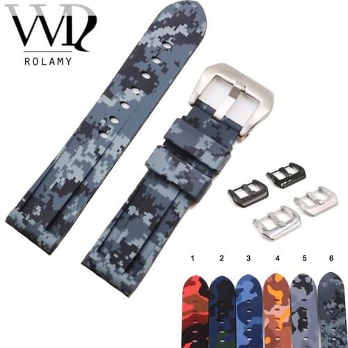 Rolamy 24mm Watch Band Strap Waterproof Silicone Rubber Band Loops For Panerai Luminor High Quality Camo Color Replacement Strap