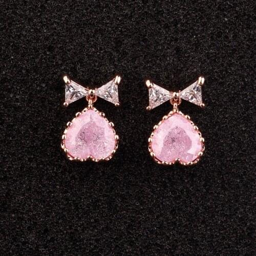 RONGQING 6Pairs/lot Sweet Ice Pink Zircon Bowknot Love Heart Earrings for Girls Summer Jewelry Oorbellen Lead and Nickel Free