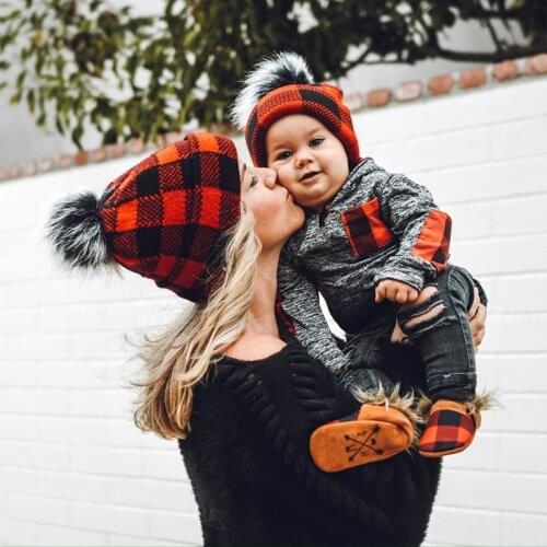 Christmas Parent-Child Hat Lattice Printed Autumn Winter Mom Kids Beanie Cap Pompom Knitted Children Girl Boy Bonnet Hat