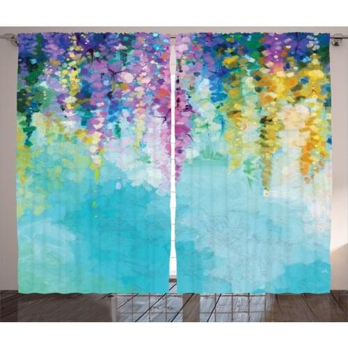 Weeping Flowers Curtains Oil Painting Summer Flora Satin Fabric Drapes for Living Room Bedroom 2 Panel Window Set