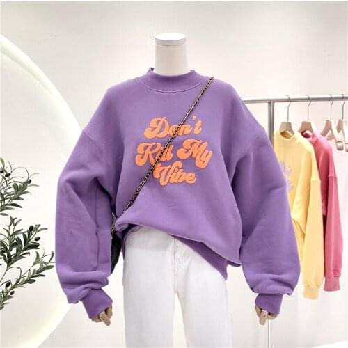 Letter Print Embroidery Oversized Harajuku Sweatshirt Hip Hop Streetwear Half High Collar Casual Pullover Sweetshirt for Girls