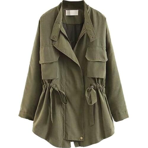 Foreign Trade Women Thin Standing collar Zipper Trench coat 2020 Autumn Chic Loose Waist Drawstring Tooling windbreaker Outwear