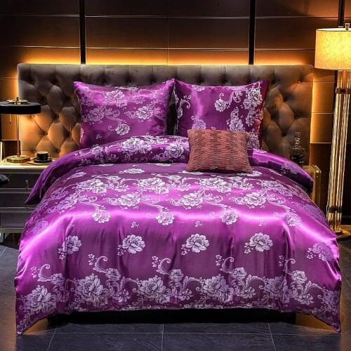 Jacquard duvet cover set soft satin silky bedding down cover pillowcase set with zipper seal, purple, medium size double bed