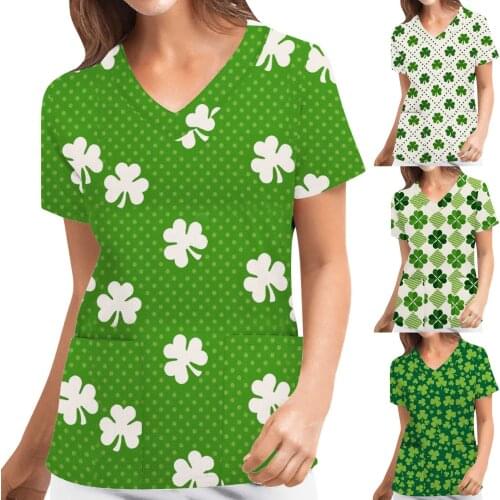 2021 Casual Women Nursing Scrubs Tops Shirt St. Patrick Leaf Print Short Sleeve Pocket V Neck Women T Shirt Nurse Uniform Tops