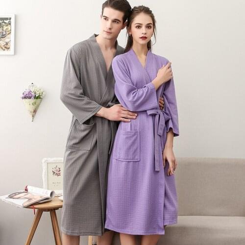 Women Men Summer Waffle Bathrobes Lover Suck Water Kimono Nightgowns Plus Size Spa Bath Robe 3XL