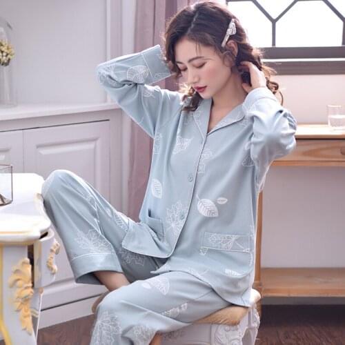 Women Soft 100% Cotton Pajamas Blue Flower PJ Long Sleeves Button-Down Print Pure Cotton Sleepwear Set 2pcs Ladies Pyjama Femme