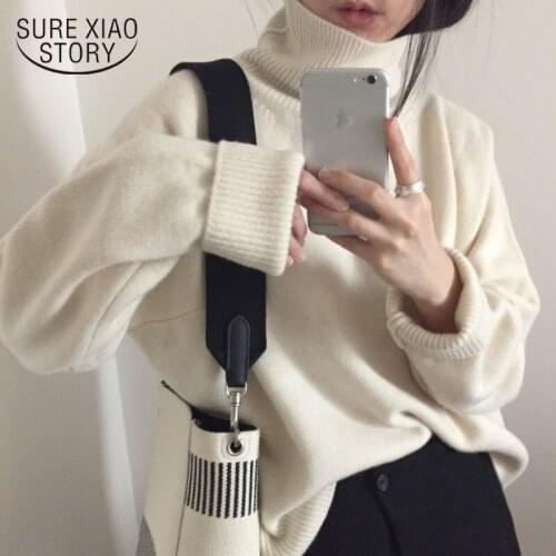 2021 Spring Winter Core-spun Elegant Turtleneck Loose Sweater Pullover Solid Long Sleeve Women Sweaters Pull Femme 10950