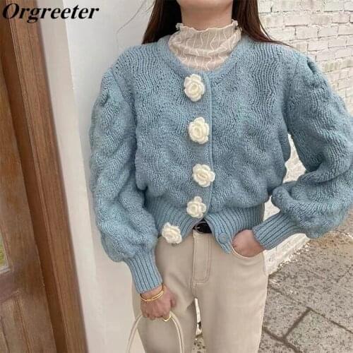 2021 Autumn Winter New Chic Flower Buttons ingle-breasted Knitted Pull Femme All-match Cropped Sweater Sweet Knit Cardigan