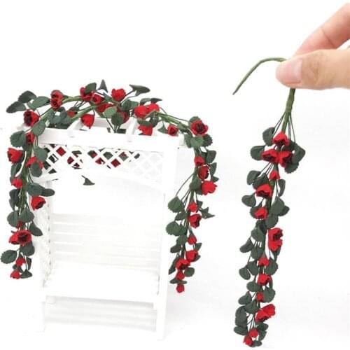 1/12 Simulation Fake Rose Flower Branch Garland Doll House Garden Ornaments
