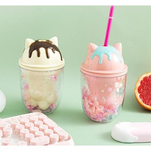 250ml Straw Cup Cherry Blossom Cartoon Cat Paw Double-layer Plastic Cup Cute Ins Sequined Straw Water Cup Creative Student Gift