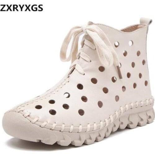 2019 Summer New Fashion Hollow Cowhide Leather Shoes Sandals Women Handmade Suture Women Boots Lace Comfort Soft Casual Boots