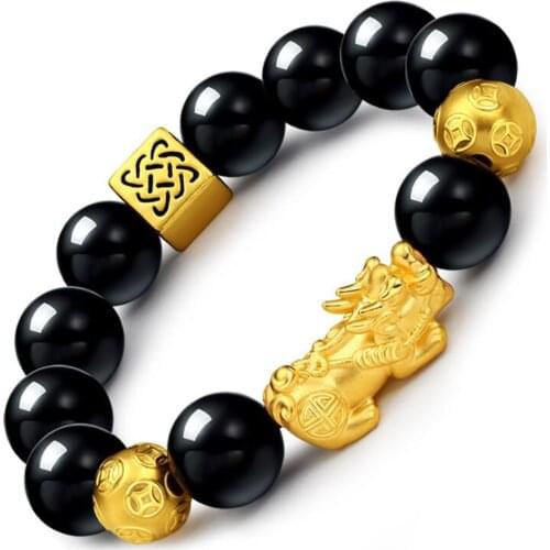 Imitation Gold Wealth Pixiu Black Obsidian Beaded Bracelet Transform Lucky Feng Shui Bracelet For Men Women