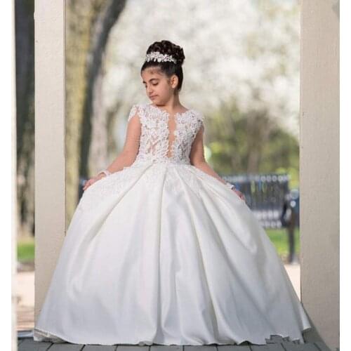 Flower Girl Dresses High Neck Lace Tulle Floor Length Girls Pageant Dresses For Wedding Party First Communion Gown
