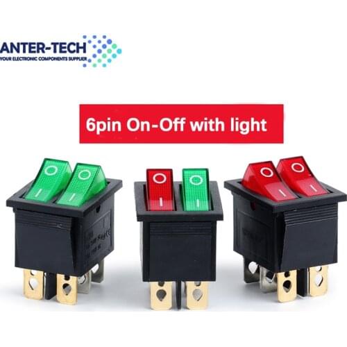 Double Rocker Switch 6 Pin On-Off With Green Red Light 20A 125VAC KCD6