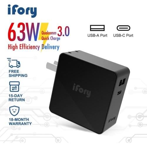 IFory Wall Charger QC3.0 63W PD with USB Type C USB A Dual Port Adapter for iPhone iPad Pro Dell ASUS Lenovo ThinkPad Laptops