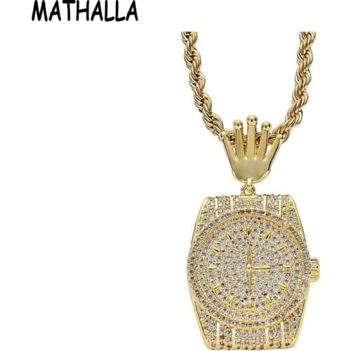 MATHALLA iced out bling Dial Watch pendant necklaces Pave setting Zircon Fashion Charm pendants necklace Hiphop jewelry gifts