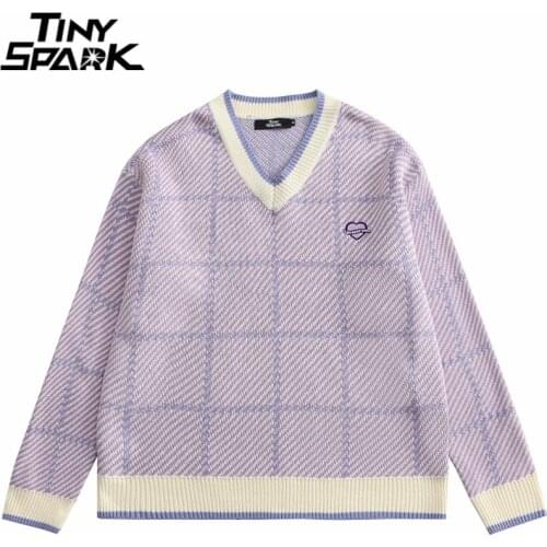 Men Hip Hop Knitted Sweater Streetwear Embroidery Heart Plaid Pullover 2021 Autumn Harajuku Cotton Casual Pullover Sweater Blue